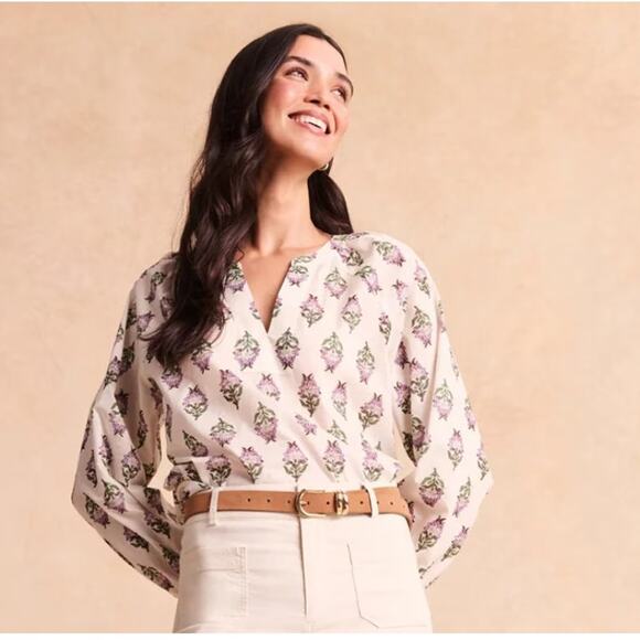 J.CREW‎ Top 100% Cotton V-neck Printed Popover Blouse Women's Size Large Cream - Picture 2 of 8